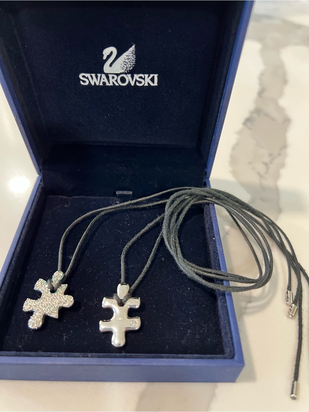 Swarovski Silver Puzzle Piece Pendant Necklaces with Black Cords - Picture 2 of 4